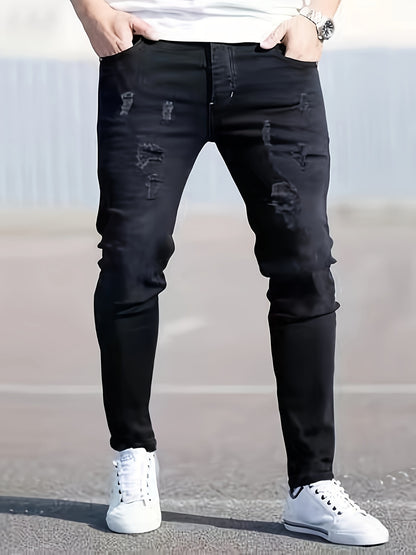 Vaqueros pitillo negros desgastados para hombre – Tejido elástico rasgado para todas las estaciones