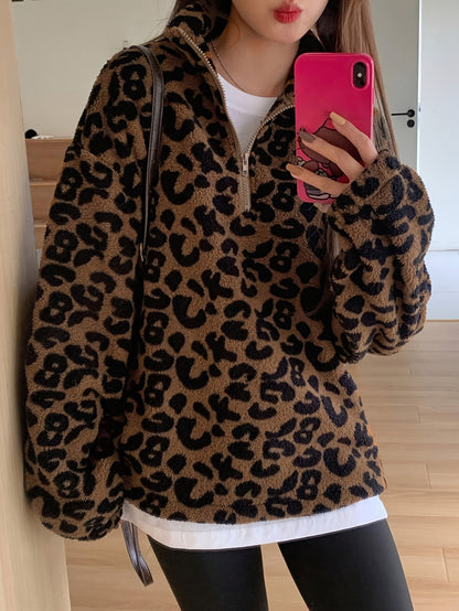 Sudadera con capucha elegante de felpa con estampado de leopardo – Chaqueta con cremallera forrada de forro polar suave