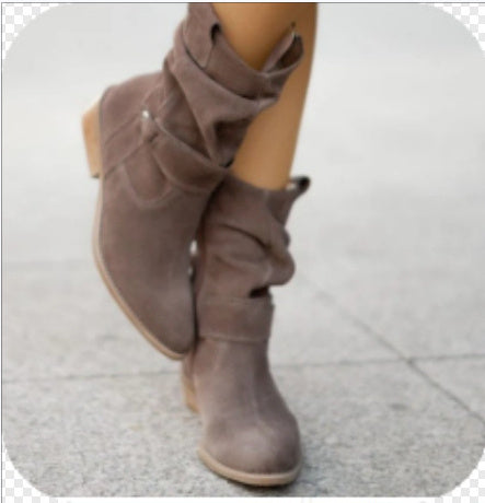 Botas de pantorrilla media con puntera puntiaguda para mujer de Loom & Soul – Botas vaqueras de gamuza a la moda con cremallera y tacón cuadrado
