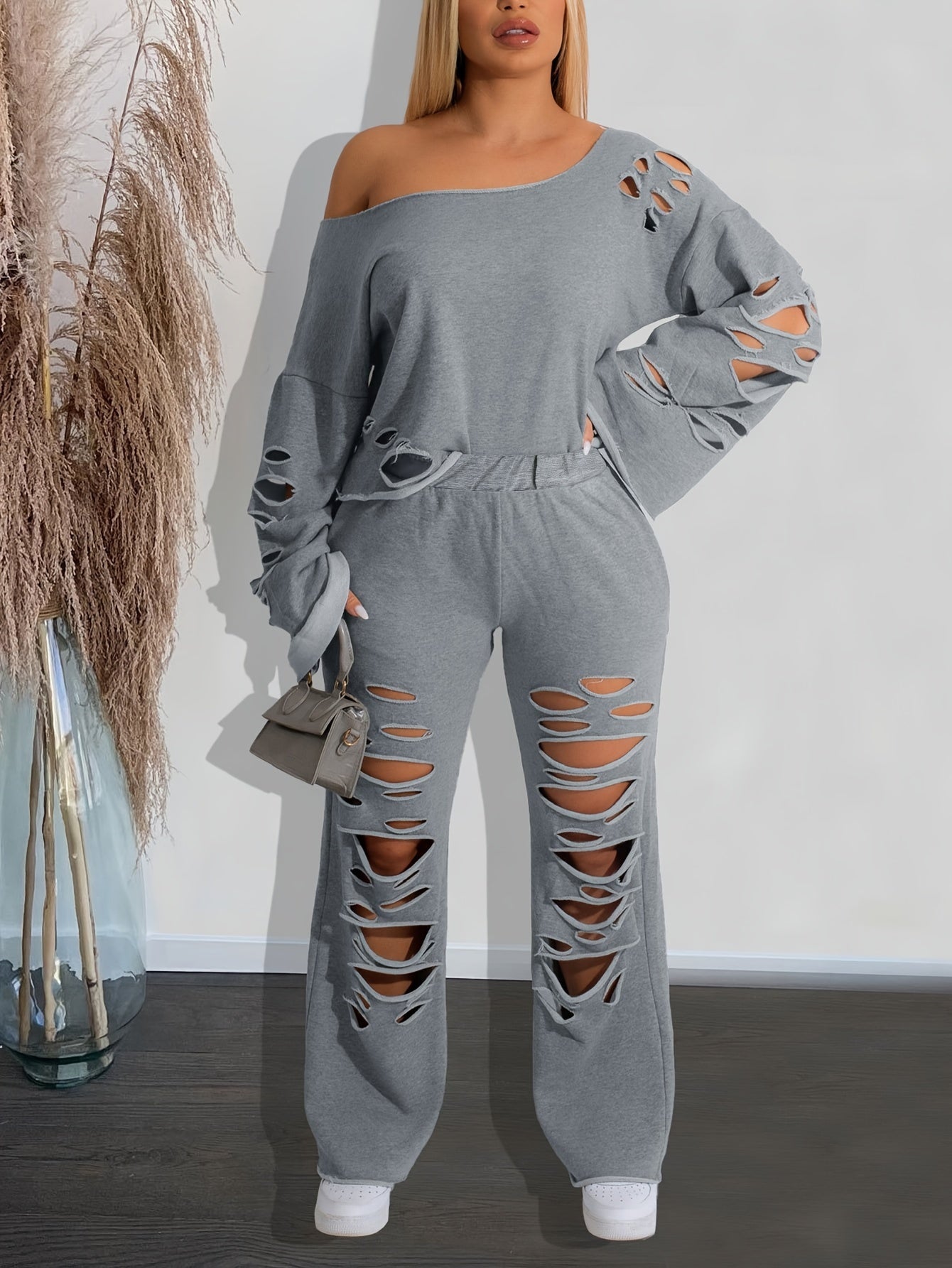 Ensemble 2 pièces femme épaules dénudées délavé – Haut manches longues et pantalon déchiré