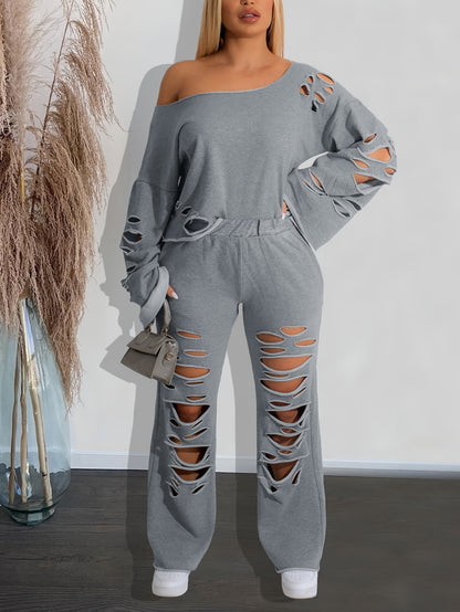 Ensemble 2 pièces femme épaules dénudées délavé – Haut manches longues et pantalon déchiré