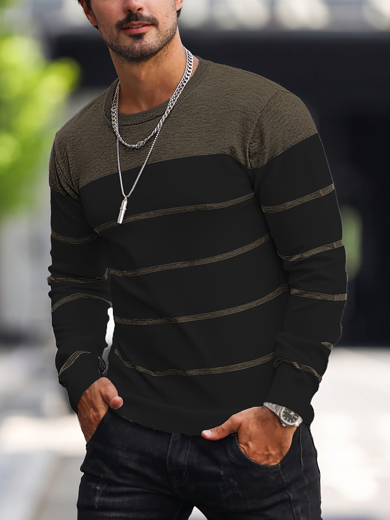 Suéter de punto a rayas azul marino para hombre – Sudadera informal de cuello redondo