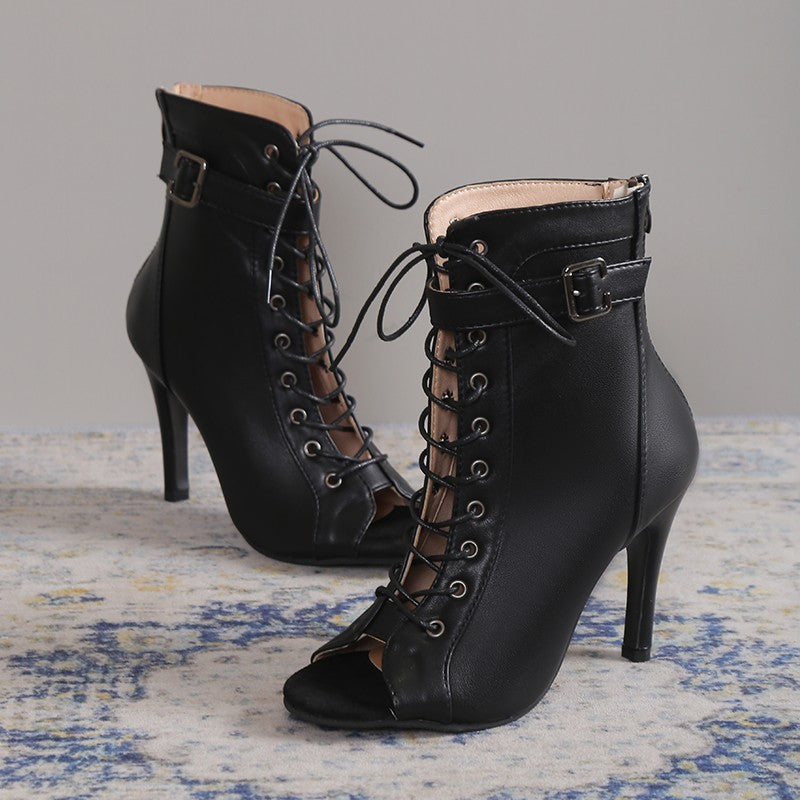 Loom & Soul™ Tacones altos con punta abierta – Sandalias de mujer con cordones, hebilla y cremallera trasera