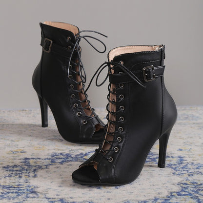 Loom & Soul™ Tacones altos con punta abierta – Sandalias de mujer con cordones, hebilla y cremallera trasera