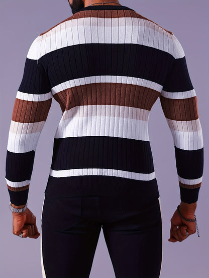 Pull rayé en tricot côtelé pour homme – Pull Color Block Automne Hiver