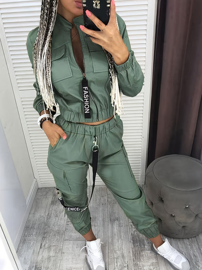 Conjunto de dos piezas con cremallera y diseño direccional – Ropa urbana informal para mujer