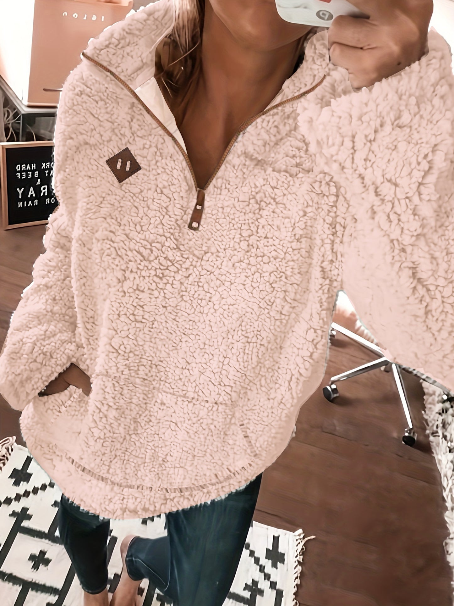 Sudadera con capucha y cremallera forrada de forro polar: sudadera casual suave para mujer