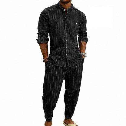 Men’s Striped Henley Set – Linen Jogger Streetwear Outfit
