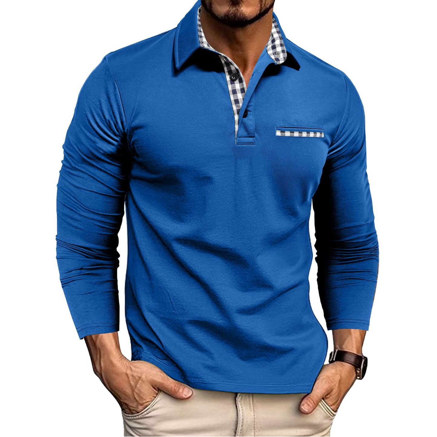 Loom & Soul™ Polo de hombre de manga larga con retales de cuadros y color liso - Casual
