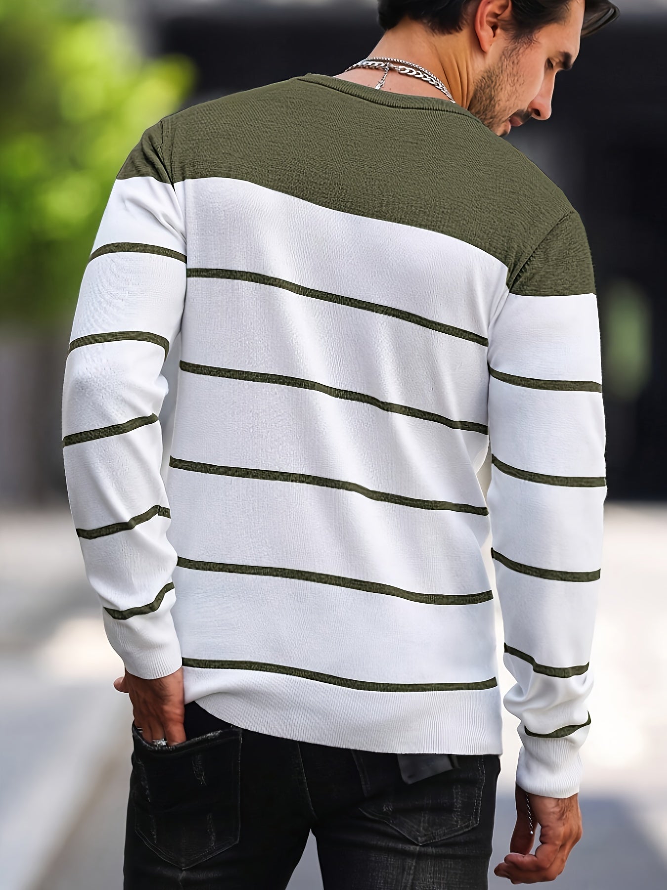Suéter de punto a rayas azul marino para hombre – Sudadera informal de cuello redondo