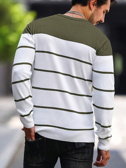 Suéter de punto a rayas azul marino para hombre – Sudadera informal de cuello redondo