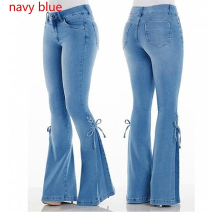 Loom & Soul™ Jeans elásticos de talle medio – Pantalones vaqueros ajustados desgastados para mujer