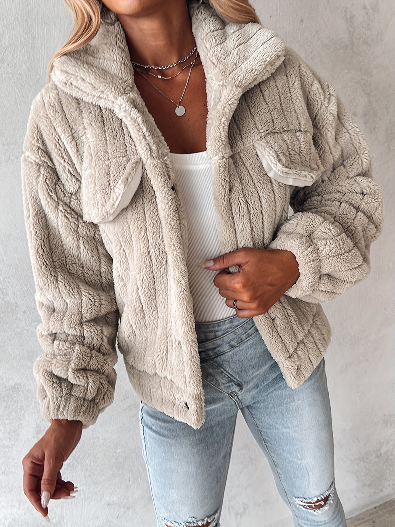 Women’s Soft Pink Plush Jacket – Button-Up Lapel Winter Cozy Outerwear