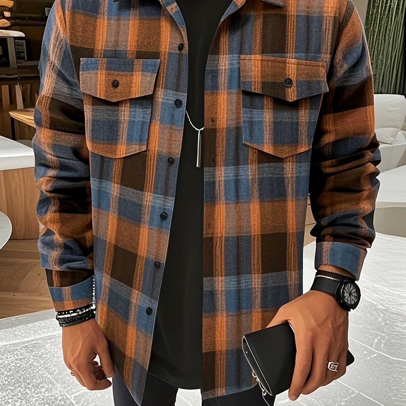 Camisa a cuadros verdes y azules para hombre – Camisa informal a cuadros con botones