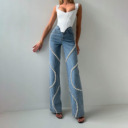 Loom & Soul™ Vaqueros de pernera recta con pedrería – Pantalones de mezclilla de calle de estilo elevado para mujer