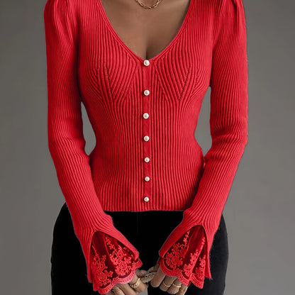 Pull élégant rose à col en V pour femme – Haut en maille côtelée à manches longues