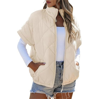 Women’s Diamond Quilted Zip Jacket – Casual Warm Pocket Coat