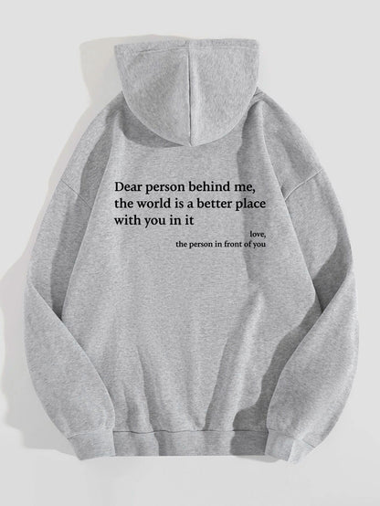 Sudadera con capucha Loom & Soul «Dear Person Behind Me» – Suéter afelpado estampado para mujer con bolsillo canguro y cordón ajustable en la capucha (unisex, varios colores)