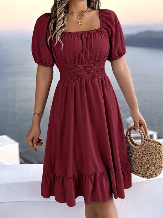 Square Neck Puff Sleeve A-Line Dress – Elegant Spring Summer Maxi