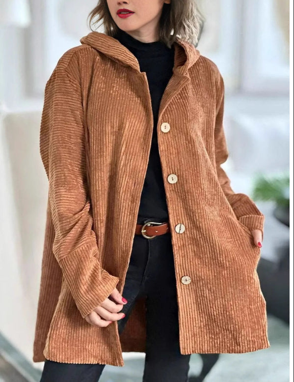 Chaqueta de pana con capucha para mujer – Abrigo cálido informal de longitud media