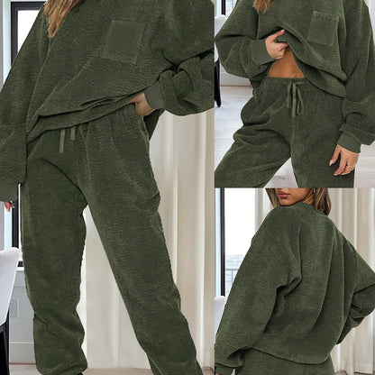 Conjunto de dos piezas de color liso – Top de cuello redondo y pantalón con cordón para mujer