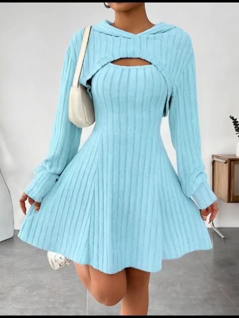 Ensemble 2 pièces côtelé pour femme – Top court à capuche et robe moulante