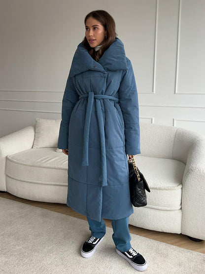Abrigo de invierno con solapa grande para mujer Loom & Soul™ – Chaqueta larga acolchada de algodón cálido con cinturón y bolsillos