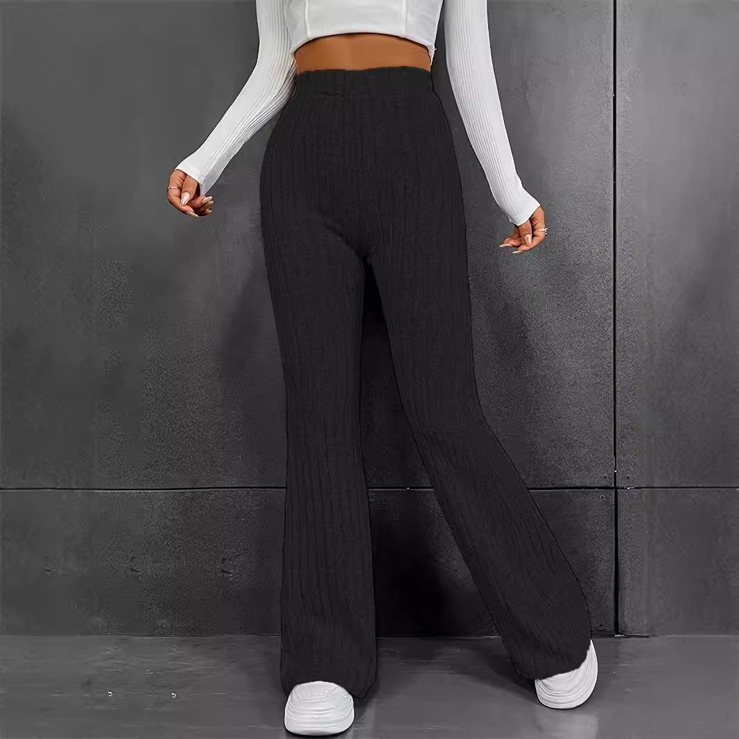 Pantalon large taille haute tendance Loom & Soul pour femme – en polyester léger avec surpiqûres (vert, gris, kaki)