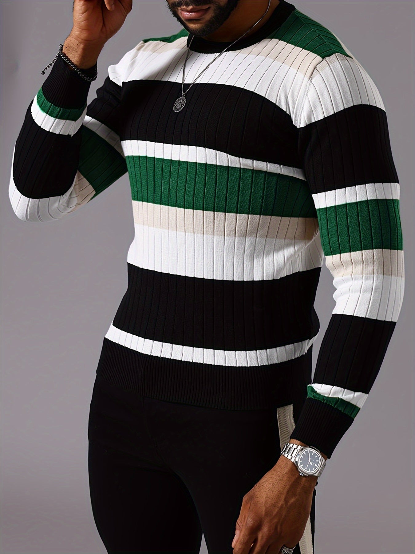 Pull rayé en tricot côtelé pour homme – Pull Color Block Automne Hiver