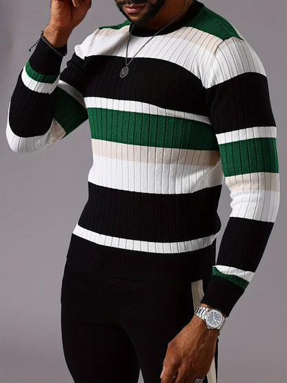 Pull rayé en tricot côtelé pour homme – Pull Color Block Automne Hiver