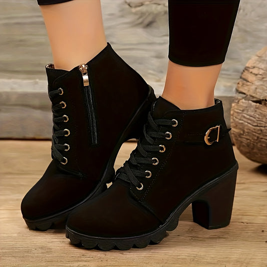 Botines de tacón grueso para mujer – Negro, con cremallera, ajuste cómodo