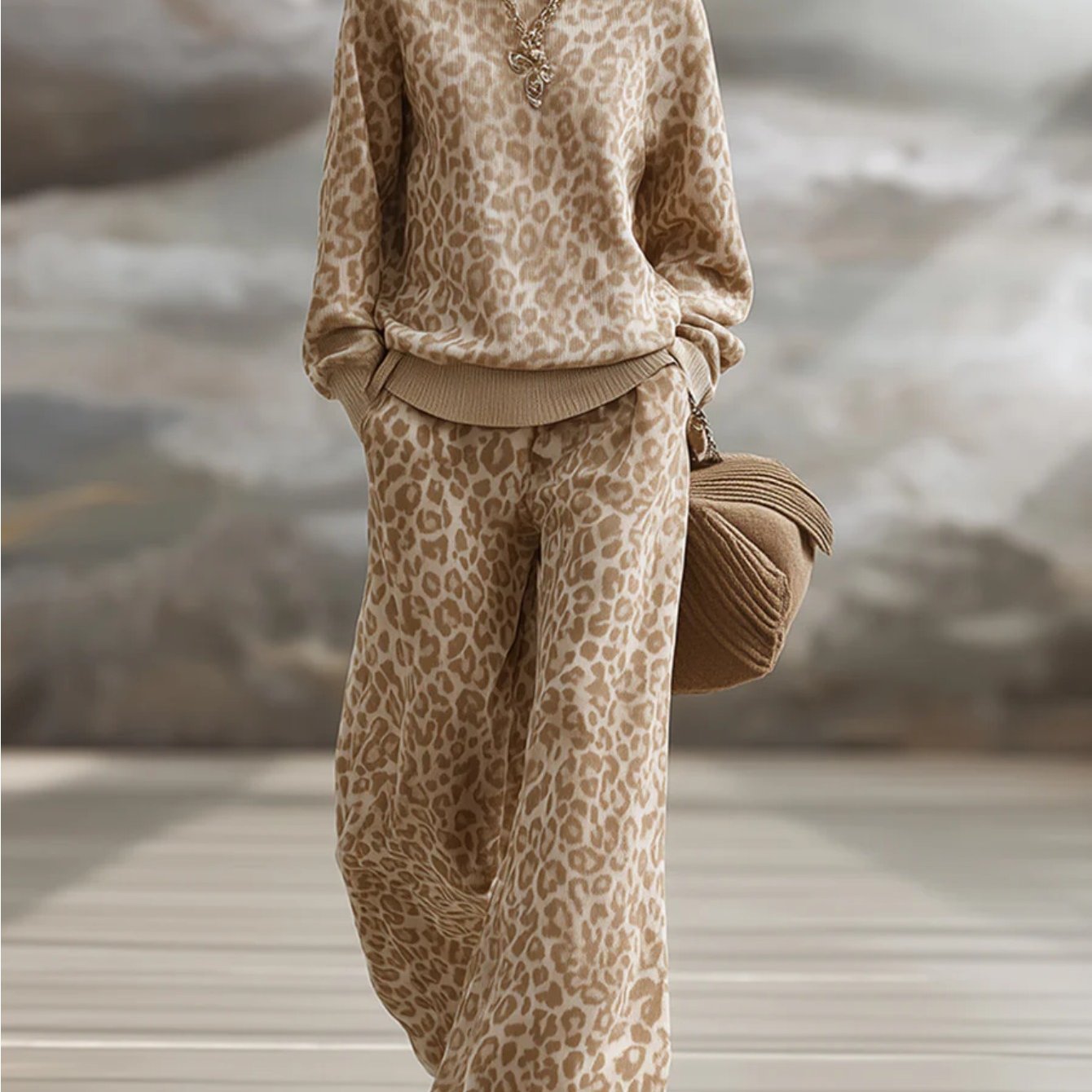 Conjunto de estampado de leopardo para mujer – Atuendo holgado informal en marrón claro