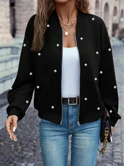 Pearl Embellished Baseball Jacket – Elegant Women’s Button-Up Outerwear