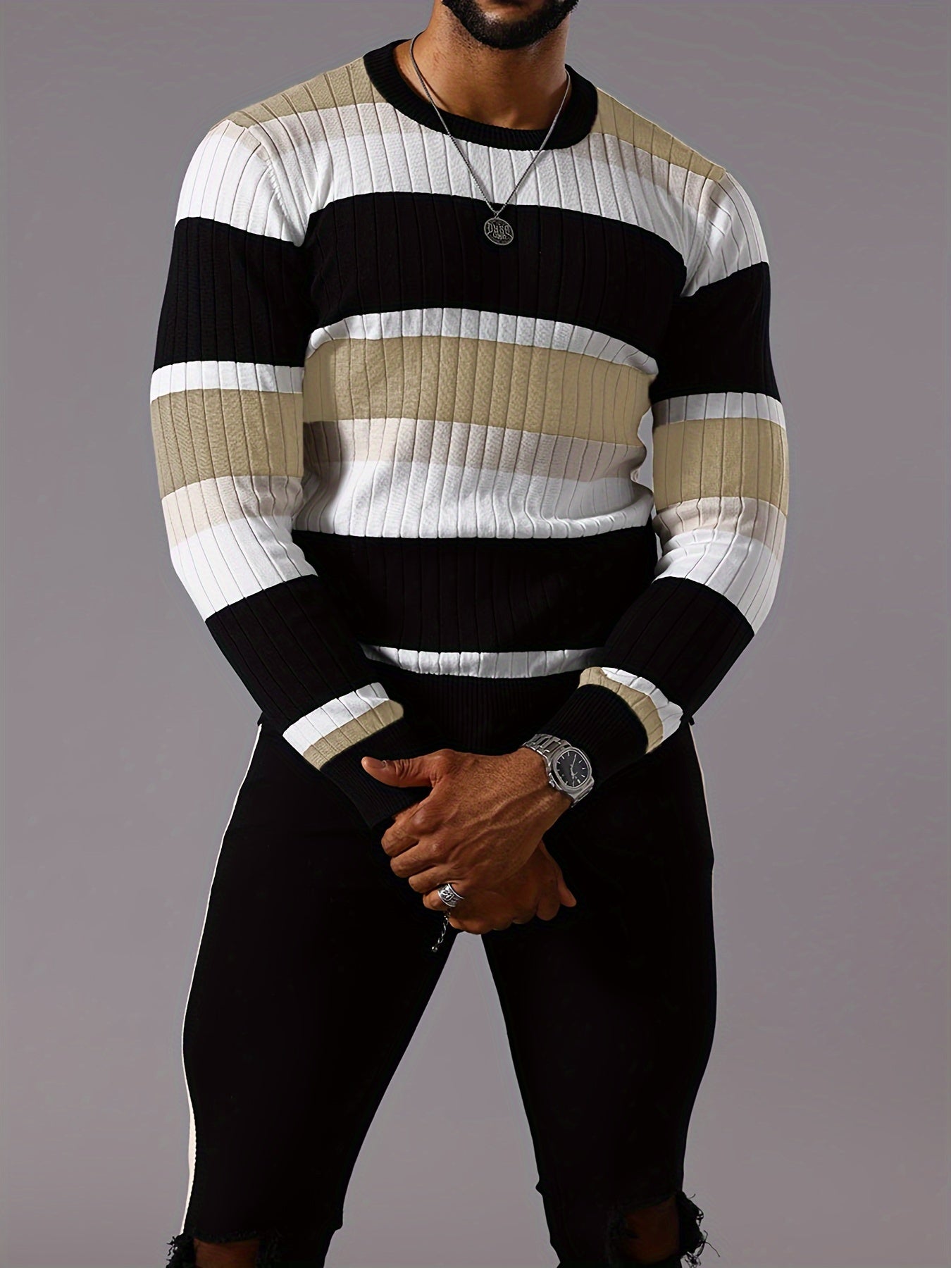 Pull rayé en tricot côtelé pour homme – Pull Color Block Automne Hiver