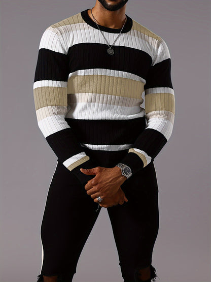 Pull rayé en tricot côtelé pour homme – Pull Color Block Automne Hiver