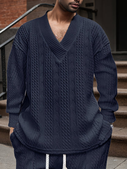 Suéter de punto con cuello en V para hombre – Jersey casual de jacquard acanalado