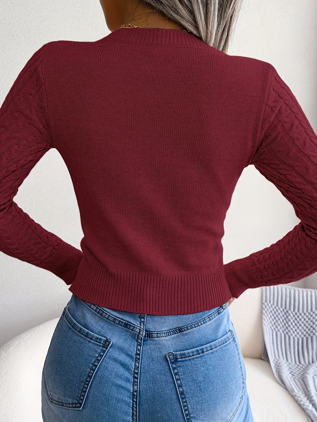 Suéter de punto calado para mujer – Top sexy de manga larga ajustado