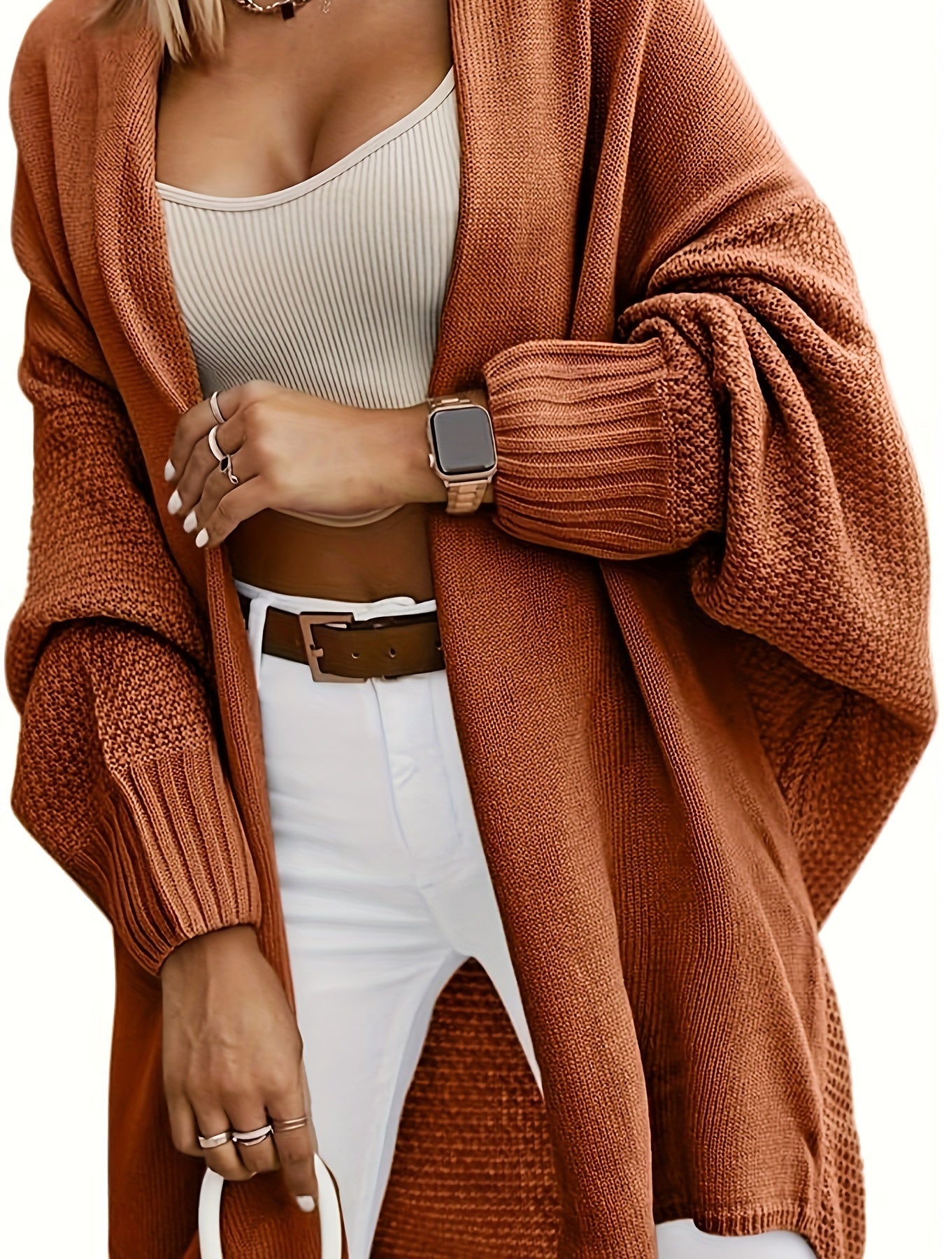 Cárdigan de punto oversize para mujer – Suéter con frente abierto y mangas murciélago