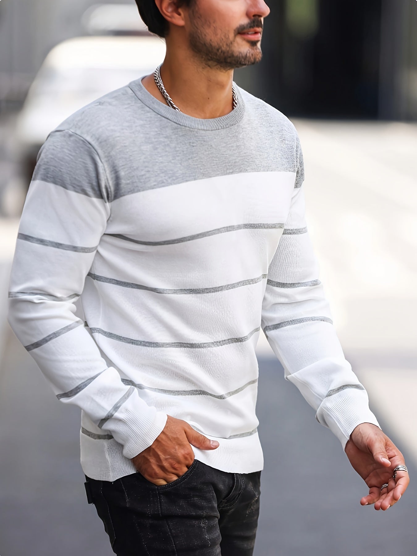 Suéter de punto a rayas azul marino para hombre – Sudadera informal de cuello redondo