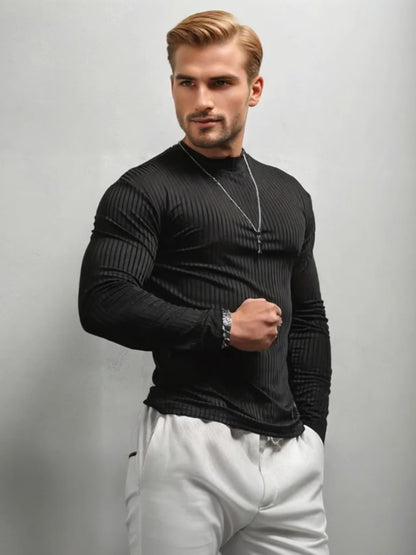 Camiseta de manga larga ajustada acanalada para hombre – Camiseta deportiva con cuello alto
