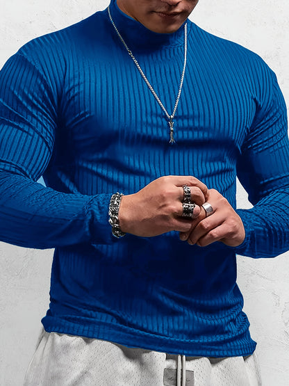 Camiseta de manga larga ajustada acanalada para hombre – Camiseta deportiva con cuello alto