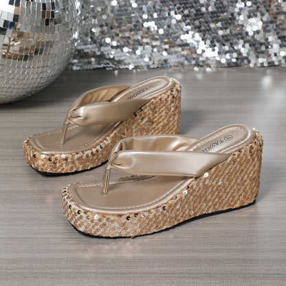 Loom & Soul™ Sandalias de cuña con lentejuelas – Plataforma de tacón alto para mujer, chanclas de verano para playa