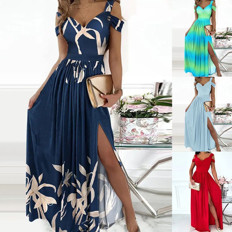 Maxivestido bohemio con cuello en V y tirantes finos – Vestido playero vaporoso con abertura lateral
