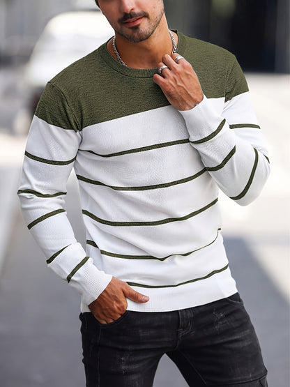 Suéter de punto a rayas azul marino para hombre – Sudadera informal de cuello redondo