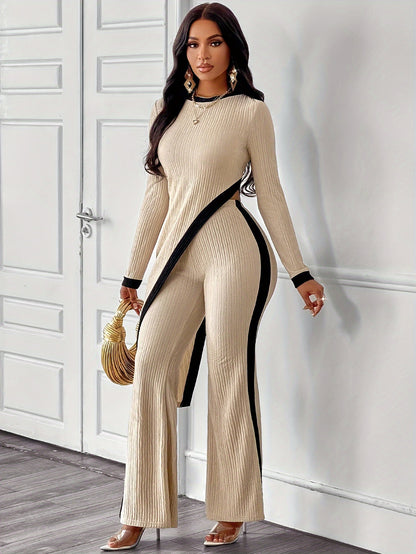 Conjunto elegante asimétrico de mono para mujer - Top de cuello redondo y pantalón acampanado