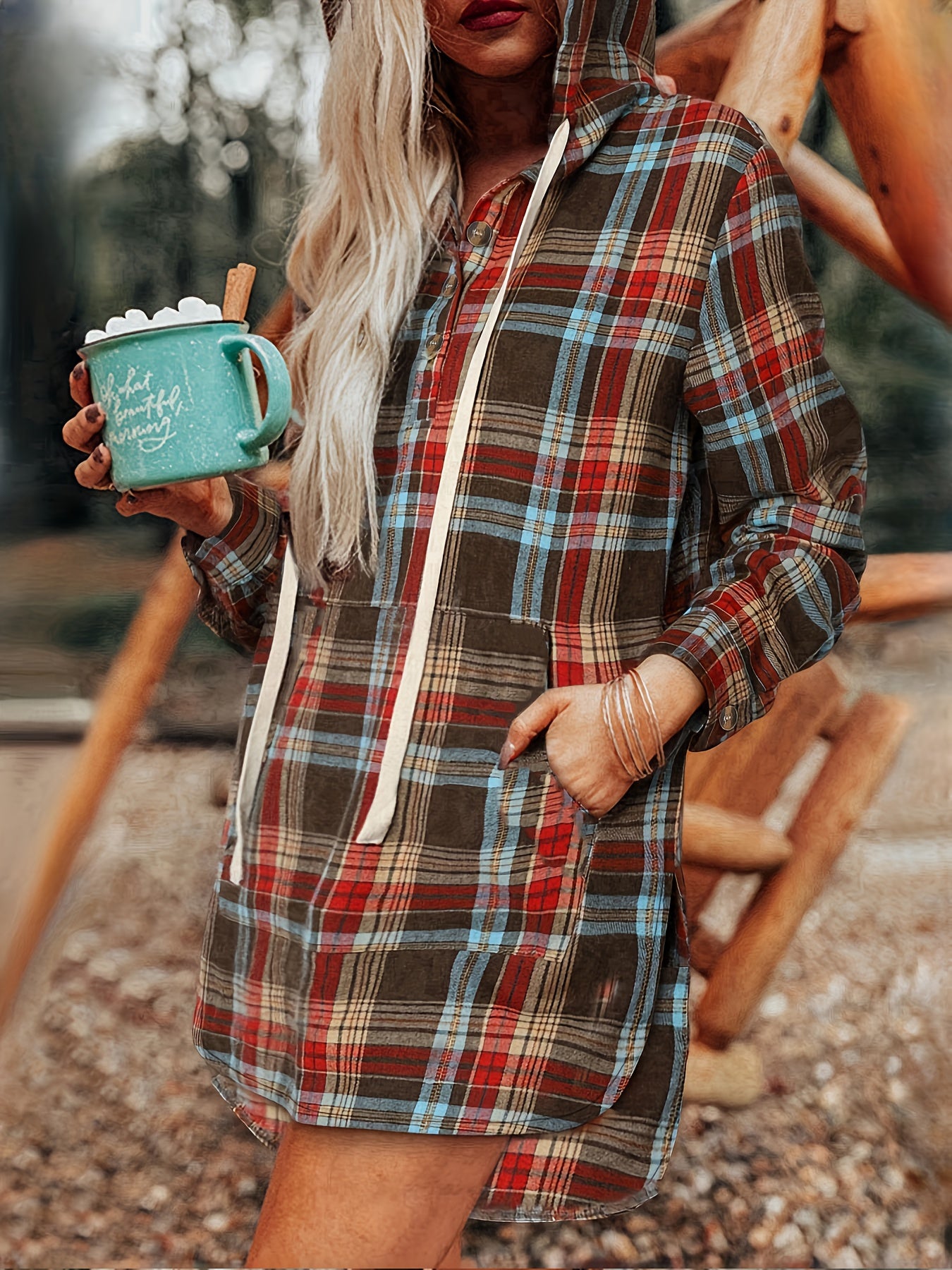 Sudadera retro de cuadros con capucha para mujer – Cárdigan largo de otoño con botones