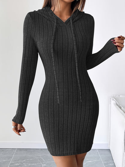 Vestido bodycon acanalado con capucha para mujer – Lazo ajustable, manga larga, corte lápiz