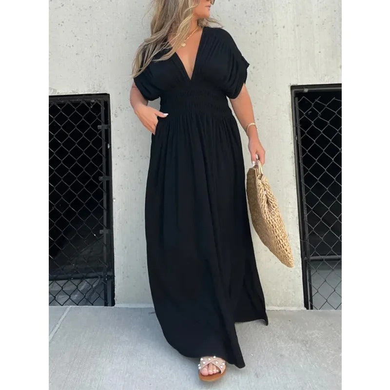 Robe longue fendue à col en V Loom & Soul™ pour femme – Robe longue d'été à manches courtes et taille élastique