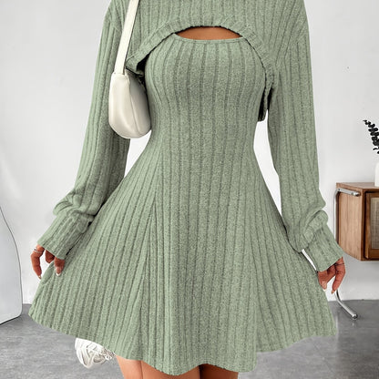 Ensemble 2 pièces côtelé pour femme – Top court à capuche et robe moulante