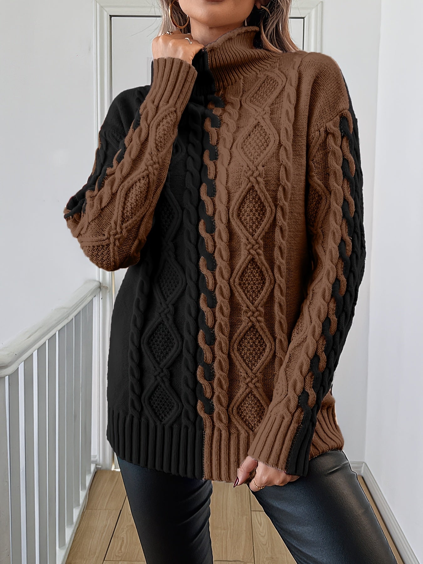 Blusa Elegante de Rayas con Cuello Alto – Top de Manga Larga de Punto Color Block